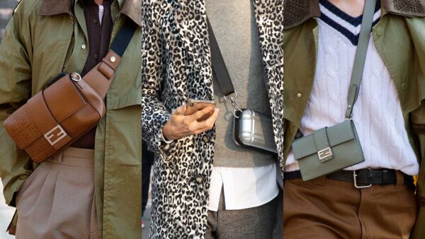 Moda uomo street style 2020. Cross body bags, le borse come si portano nel 2020. Foto Charlotte Mesman