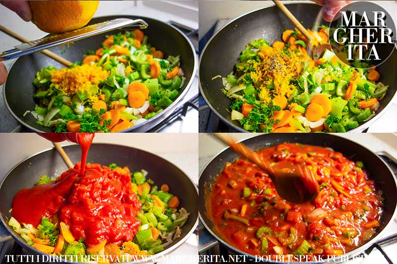 Sugo di pomodoro rustico con sedano e scorza d'arancio