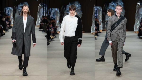Tendenze moda uomo inverno 2020 2021. Caviglia scoperta, jeans con patchwork, silhouette slim fit - Sfilata: Neil Barrett. Photo: courtesy of Neil Barrett