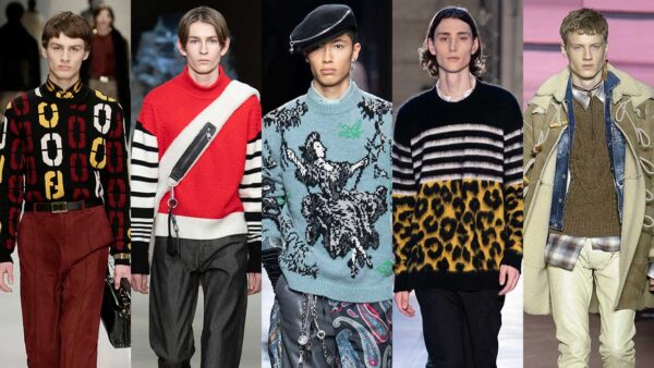 Tendenze moda uomo inverno 2020 2021. Ecco come saranno i maglioni invernali. Foto da sin a dx: Fendi, Neil Barrett, Dior, N21, Dsquared2