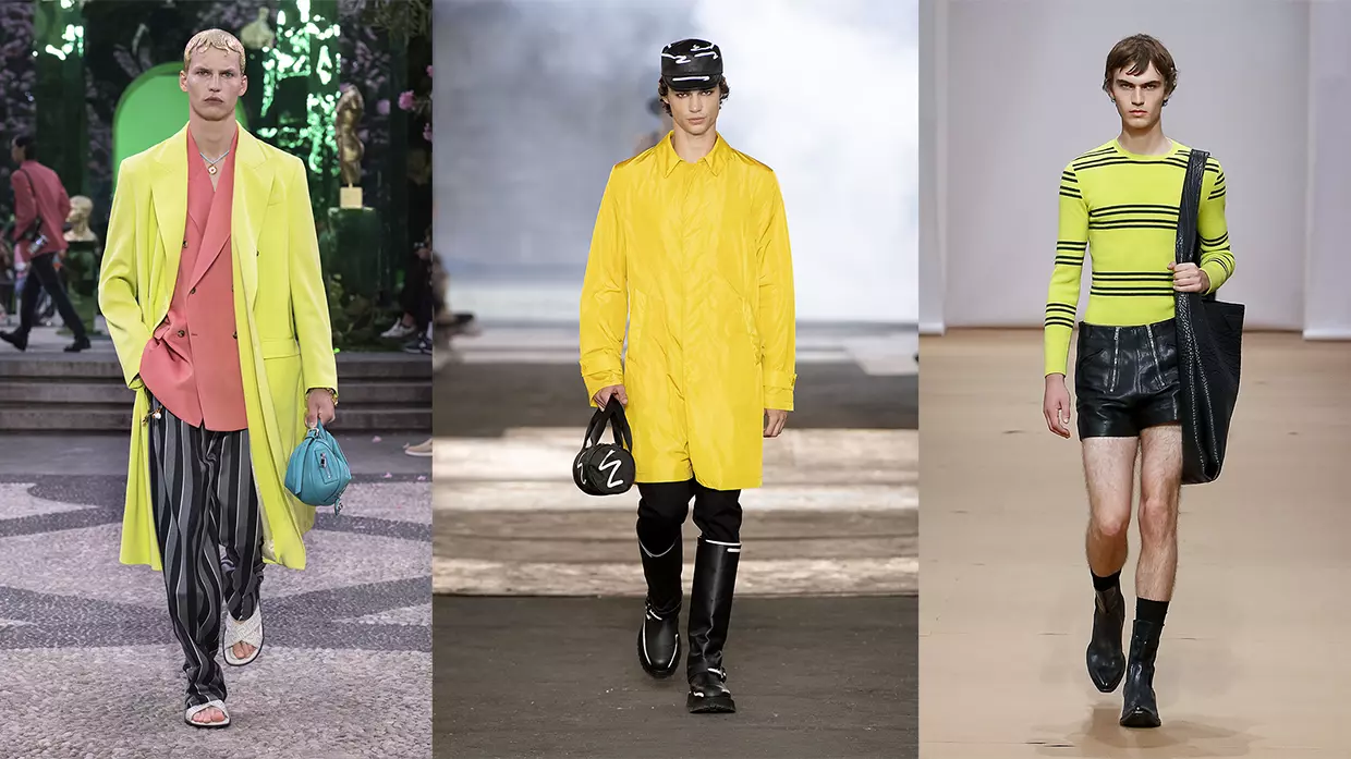 Nuove tendenze moda uomo estate 2023: Giallo - Photo Courtesy of Versace, Moschino e Prada