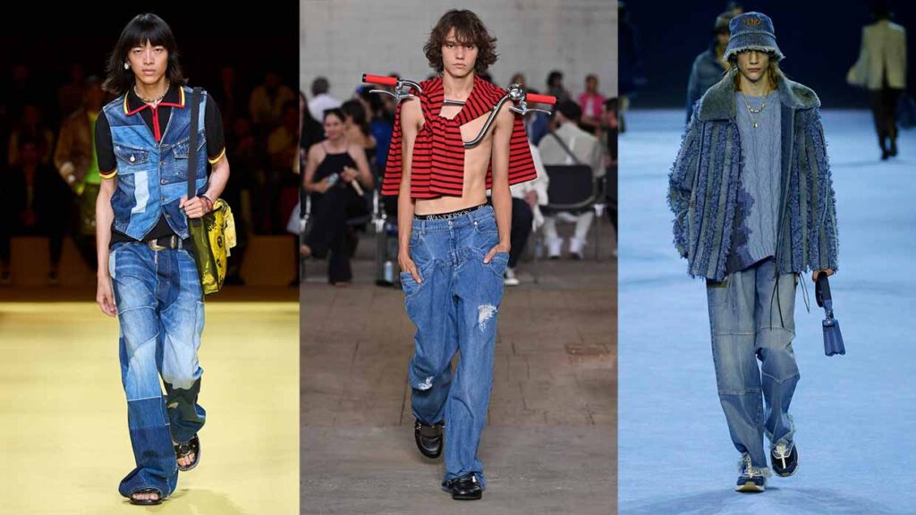 Tendenze moda jeans uomo estate 2023 - Photo courtesy left to right: Dsquared2, JW Anderson, FENDI