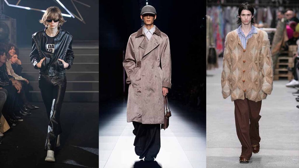 Tendenze moda uomo autunno inverno 2023 2024. Foto da sin a dx: Celine, Dior, Etro
